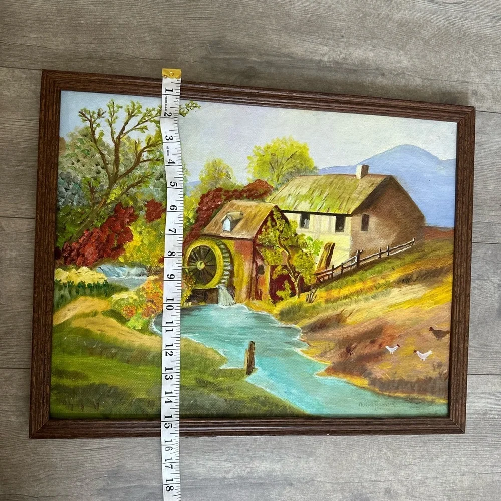 Vintage Rustic Land Scape Water Mill Original Painting Signed original frame